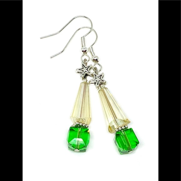 Green Yellow Crystal Cone and Cube Silver Star Christmas Tree Dangle Earrings - Picture 1 of 2